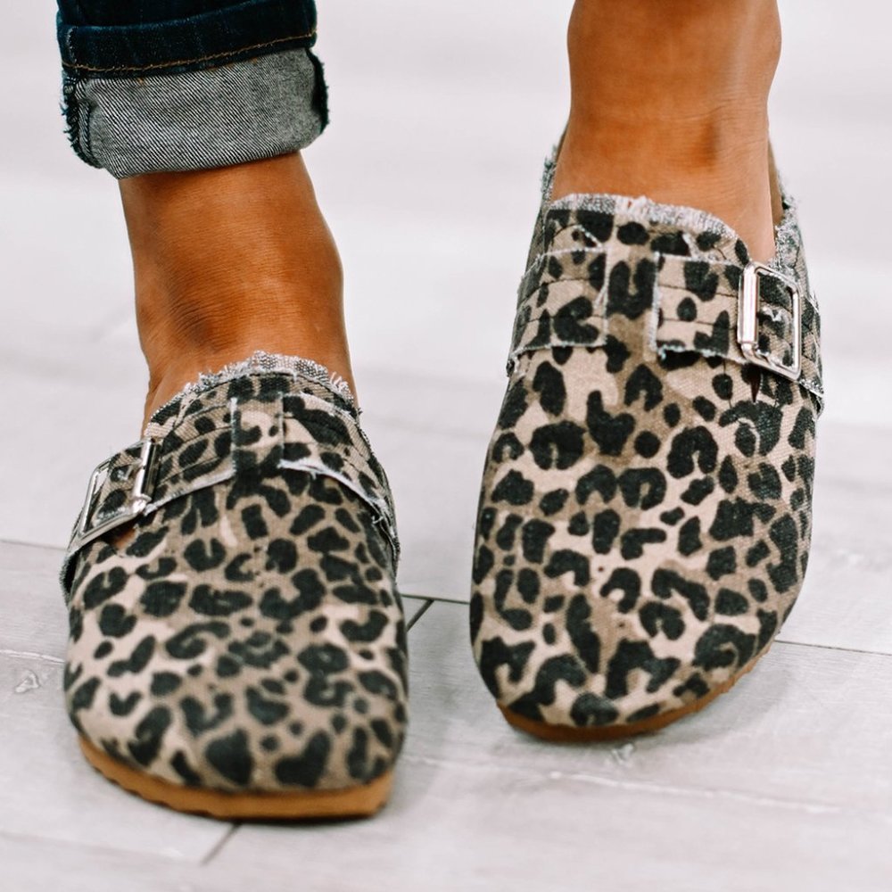 Leopard Buckle Strap Frayed Canvas Slip On Slippers - Picture 3 of 9